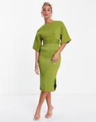 Closet London Ribbed Pencil Dress With Tie Belt In Olive Green