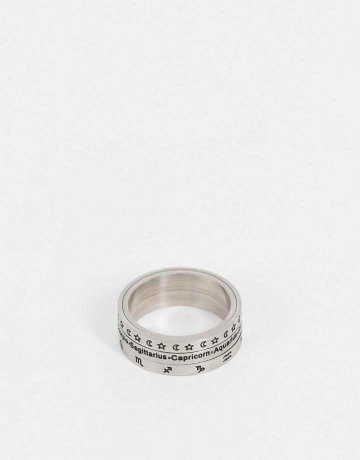 Asos Design Non-tarnish Stainless Steel Movement Band Ring With Zodiac Design In Silver Tone