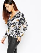 Warehouse Printed Long Sleeve Wrap Front Top - Multi