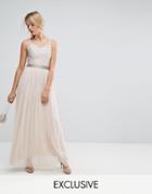 Amelia Rose Maxi Cami Strap Dress With Tulle Skirt And Embellished Upper - Brown