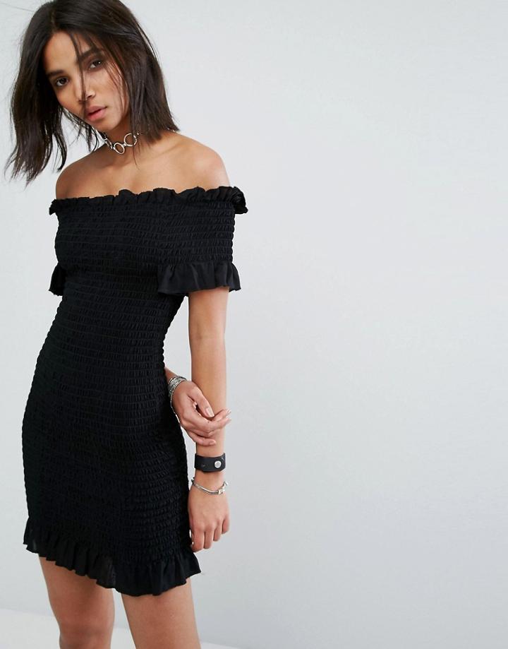 Milk It Vintage Off Shoulder Shirred Dress - Black