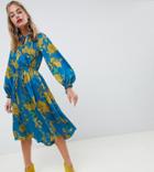 River Island Petite Wrap Front Midi Dress With Tie Neck Detail In Blue Floral - Blue