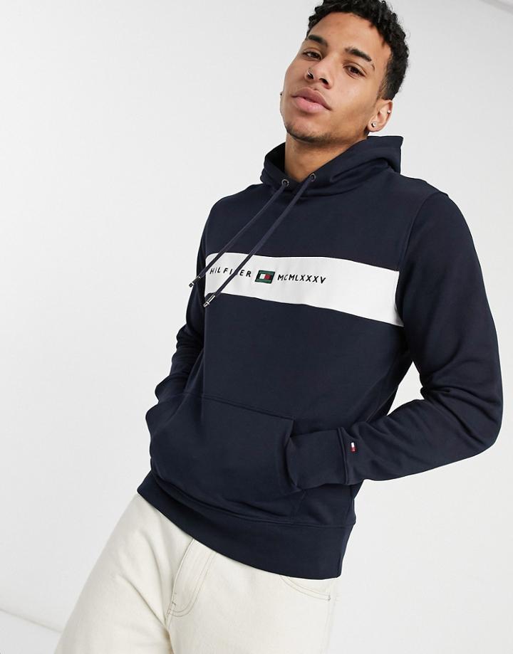 Tommy Hilfiger Chest Stripe Logo Hoodie In Navy