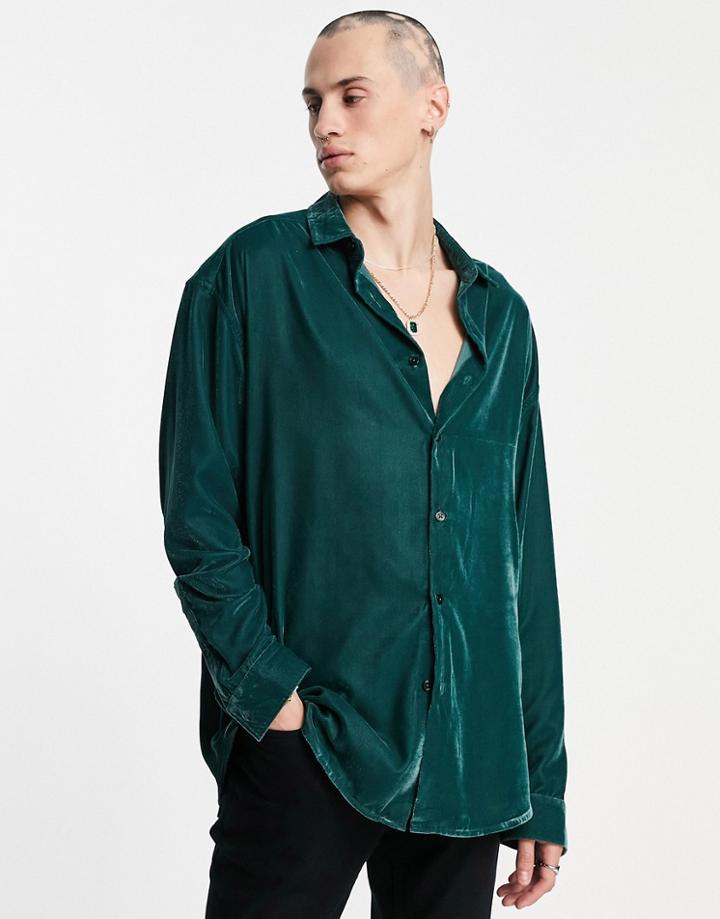 Asos Design Oversized Velvet Shirt In Forest Green