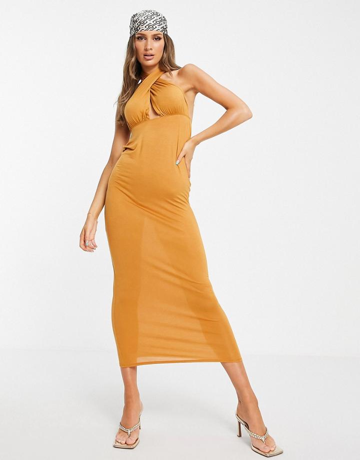 Asos Design Halter Cross Front Maxi Dress In Camel-neutral