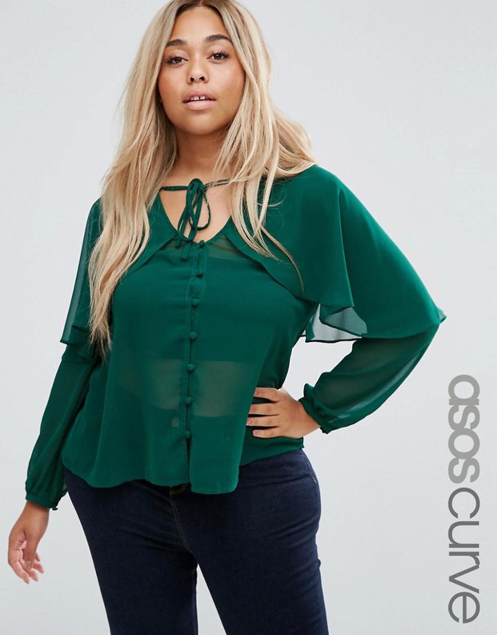 Asos Curve Blouse With Cape Detail And Tie - Green