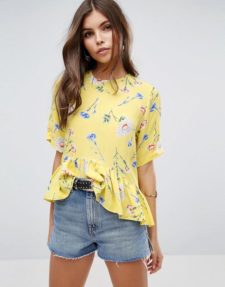 Asos Tee With Asymmetric Ruffle Hem In Yellow Floral - Multi