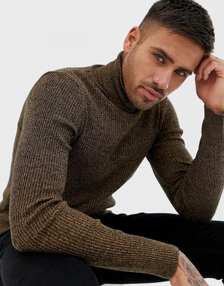 Asos Design Muscle Fit Ribbed Roll Neck Sweater In Tan Twist - Tan