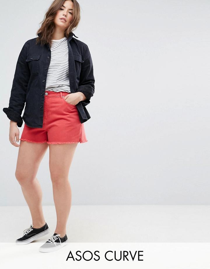 Asos Curve Denim Side Split Shorts In Red - Red