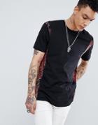 Asos Design Relaxed Longline T-shirt With Tapestry Print Side Panels - Black