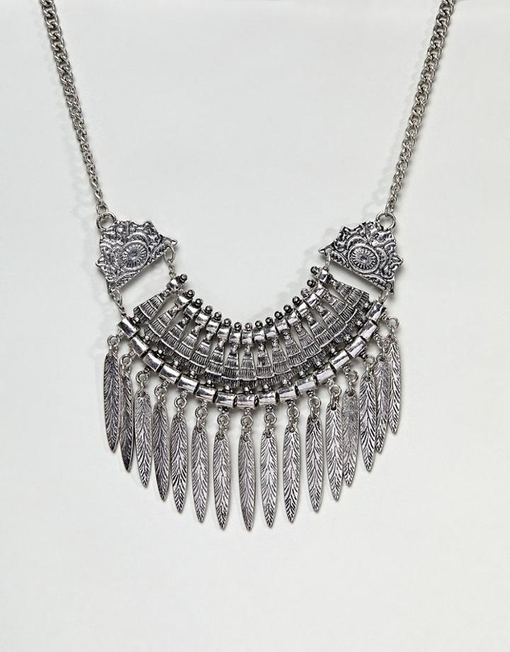 Asos Design Statement Textured Leaf Charm Necklace - Silver