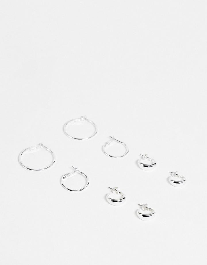 Monki 4 Pack Steel Hoop Earrings In Silver - Silver