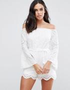 Parisian Broderie Off Shoulder Romper - White