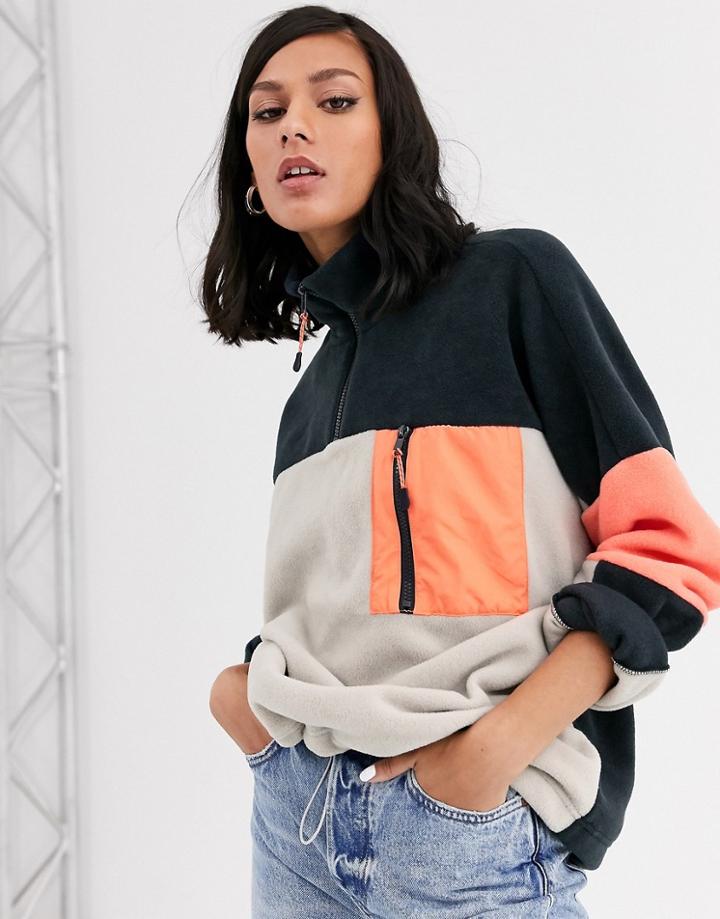 Monki Color Block Zip Neck Fleece Sweater In Multi-gray