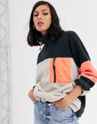 Monki Color Block Zip Neck Fleece Sweater In Multi-gray