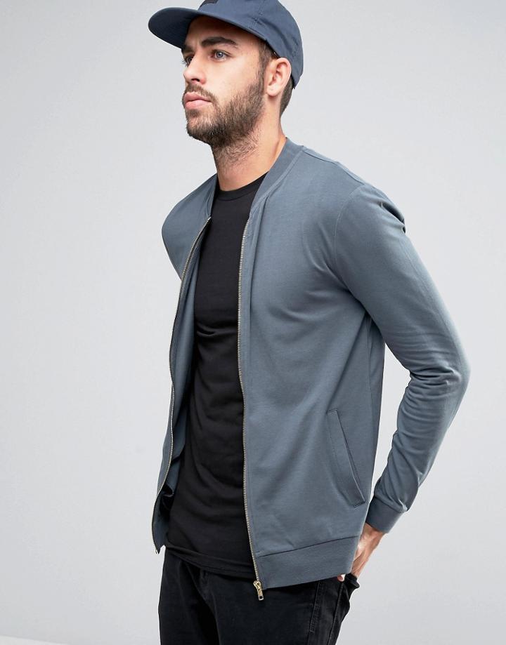 Asos Lightweight Muscle Jersey Bomber Jacket In Slate Blue - Blue