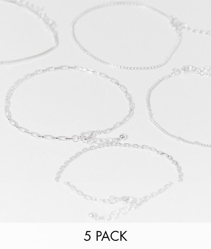 Asos Design Slim Bracelet Pack With Mixed Chains In Silver Tone