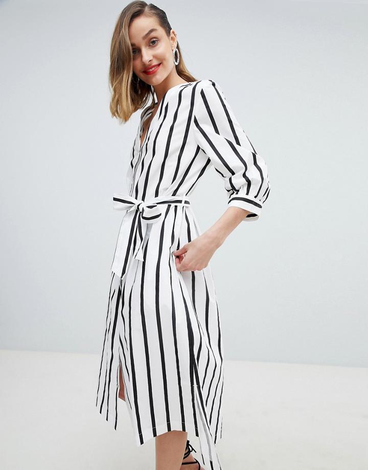 Selected Femme Stripe Midi Dress With Tie Waist - Multi