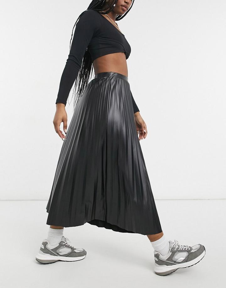 Asos Design Leather Look Pleated Midi Skirt In Black
