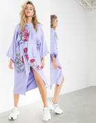 Asos Edition Floral Embroidered Belted Midi Dress In Satin-blues