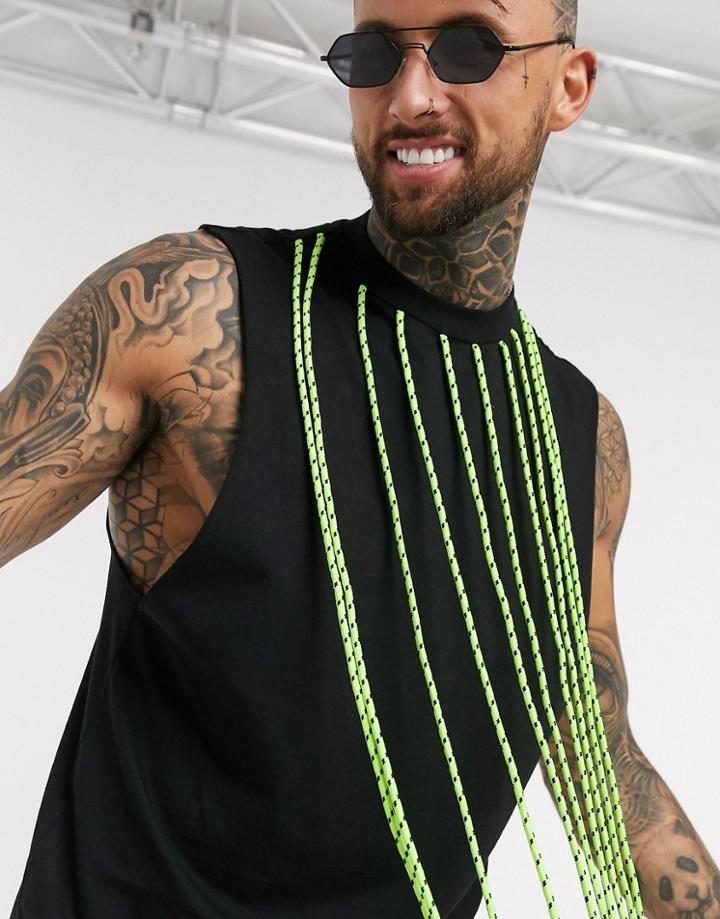 Asos Design Relaxed Longline Sleeveless T-shirt With Dropped Armhole And Neon Fringing In Black