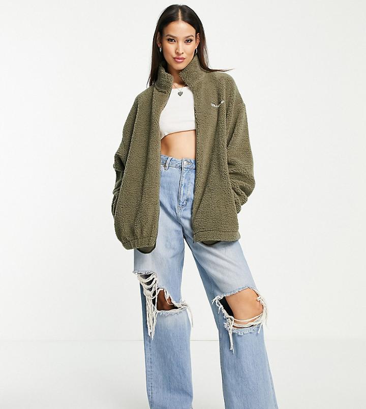 Collusion Unisex Zip-through Fleece Jacket In Khaki-green