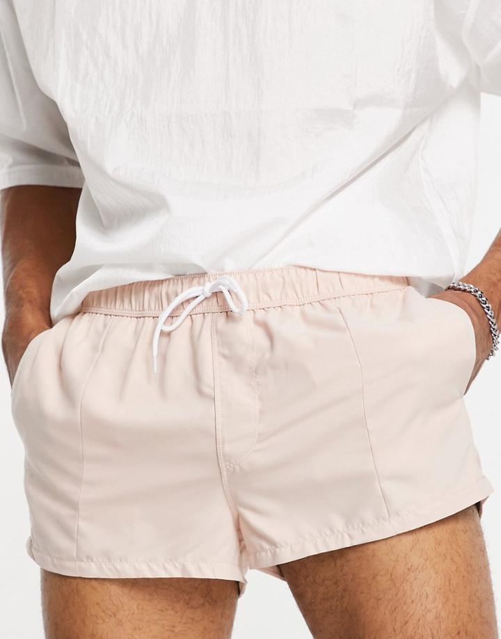 Asos Design Swim Shorts With Pin Tuck In Light Pink Super Short Length