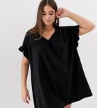 Asos Design Curve Mini Reversible Cotton Slub Smock Dress-black