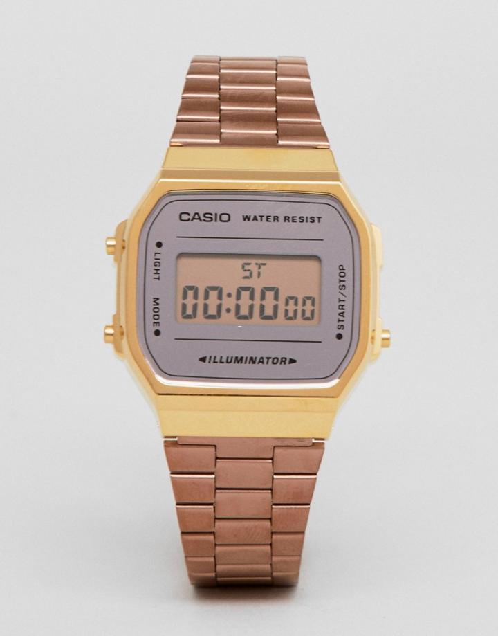 Casio A168w Digital Bracelet Watch In Rose Gold Mirror - Gold