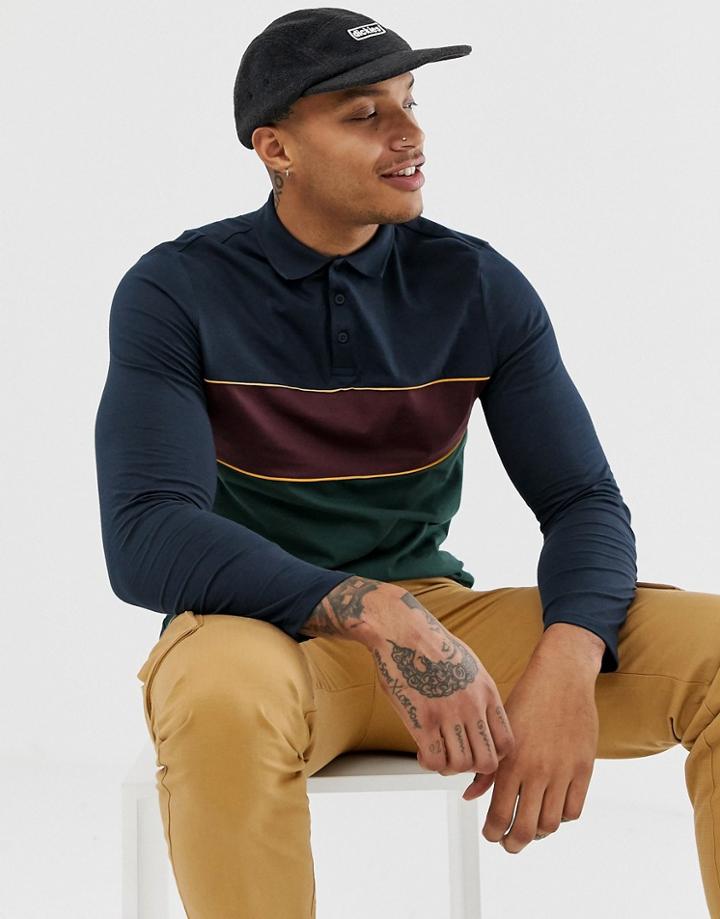 Asos Design Organic Long Sleeve Polo Shirt With Retro Color Block In Navy - Navy
