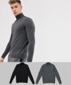 Asos Design Cotton Roll Neck Sweater In Black / Charcoal 2 Pack Save-multi
