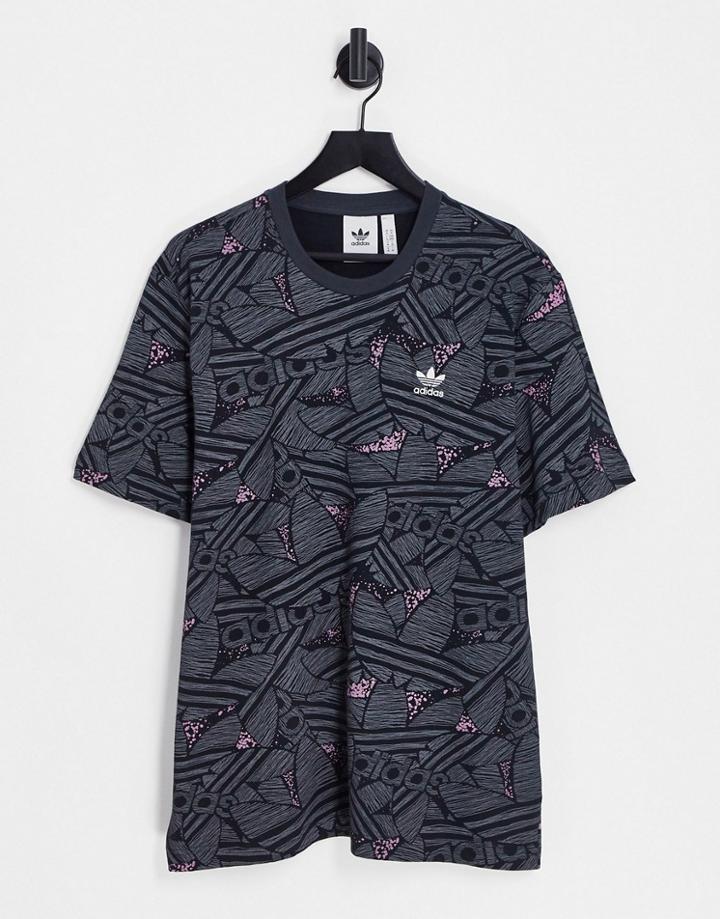 Adidas Originals All Over Print Trefoil T-shirt In Gray