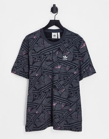 Adidas Originals All Over Print Trefoil T-shirt In Gray