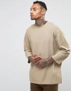 Asos Oversized Longline T-shirt In Waffle Fabric With 3/4 Sleeve - Bei