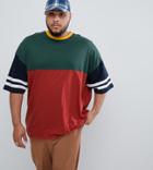 Asos Design Plus Oversized Longline T-shirt With Half Sleeve With Retro Color Block In Burgundy - Red