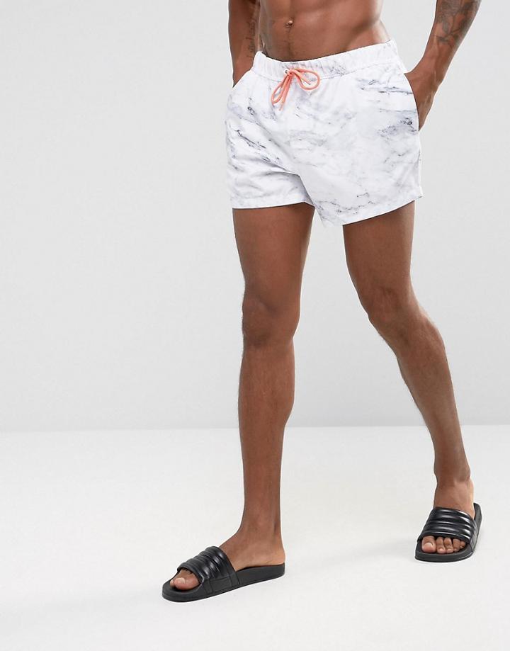 Asos Swim Shorts In Marble Print With Orange Drawcord In Short Length - White