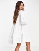 Neon Rose Relaxed Smock Dress With Scallop Edge Collar In Poplin-white