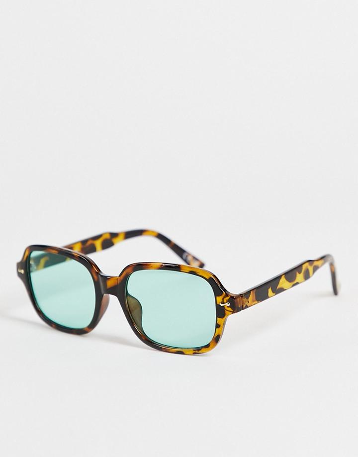 Asos Design Recycled Frame Square Sunglasses In Tort With Green Lens-brown