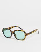 Asos Design Recycled Frame Square Sunglasses In Tort With Green Lens-brown