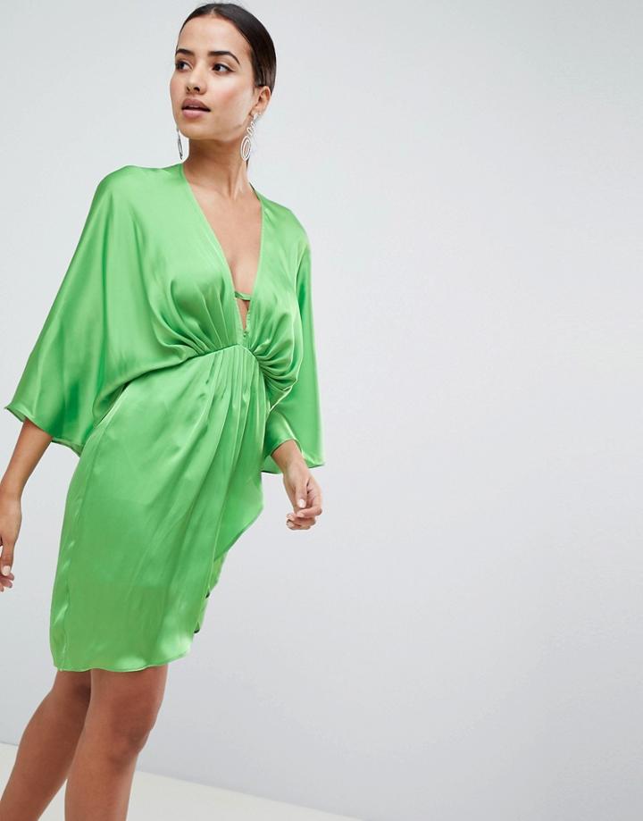 Asos Design Mini Plunge Kimono In Satin - Green