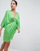 Asos Design Mini Plunge Kimono In Satin - Green