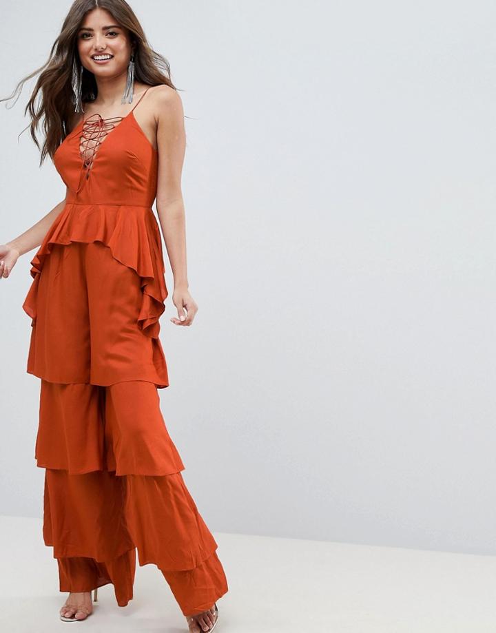 Asos Design Tiered Jumpsuit With Lace Up Front - Black