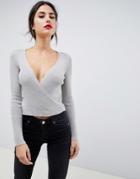 Asos Design Cropped Wrap Sweater In Knit - Stone