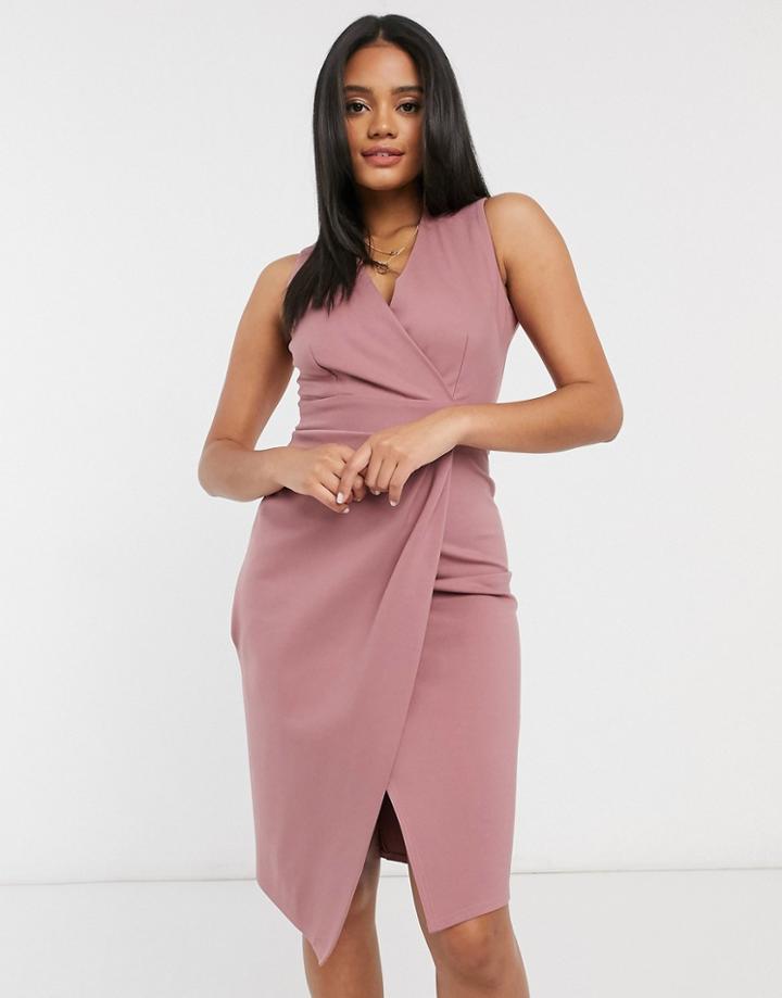 Closet London Gathered Wrap Midi Dress In Mink-pink