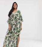 Asos Design Curve Beach Maxi Dress With Kimono Sleeve In Palm Print - Multi