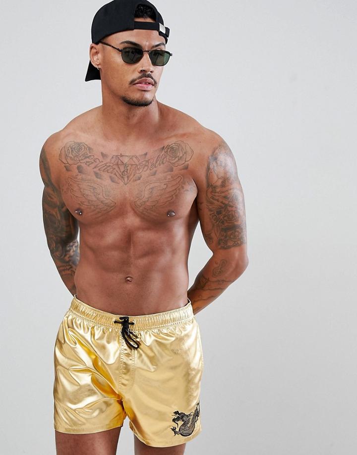 Asos Design Swim Shorts In Gold Metalic With Dragon Embroidery In Short Length - Gold