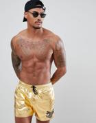 Asos Design Swim Shorts In Gold Metalic With Dragon Embroidery In Short Length - Gold