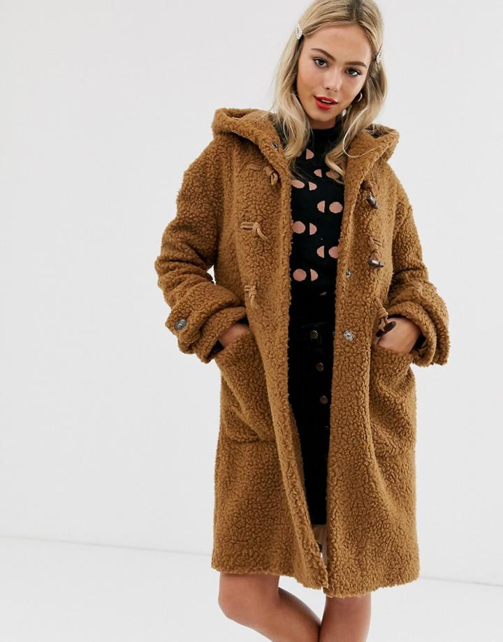 Asos Design Borg Hooded Duffle Coat In Brown