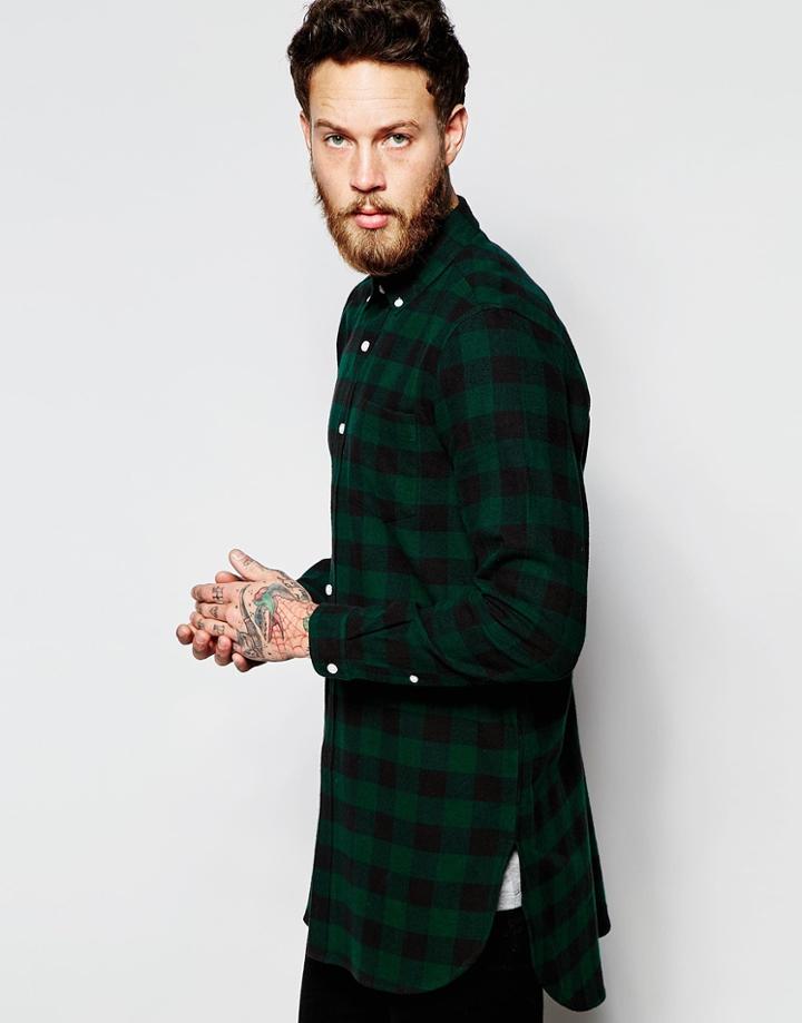 Asos Longline Shirt In Green Buffalo Plaid - Green