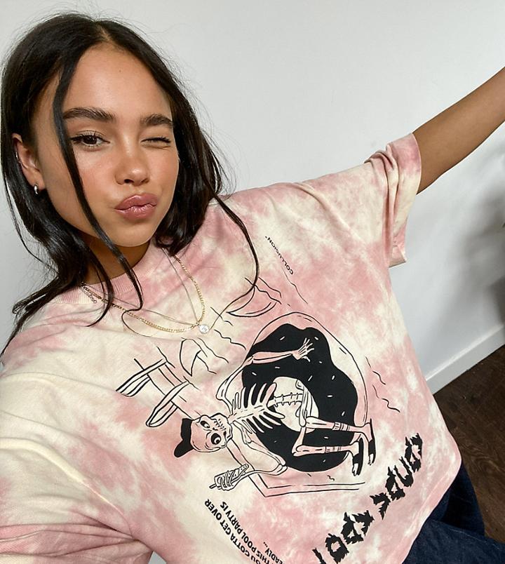 Collusion Unisex Oversized T-shirt With Skeleton Print In Pink Tie Dye Pique Fabric
